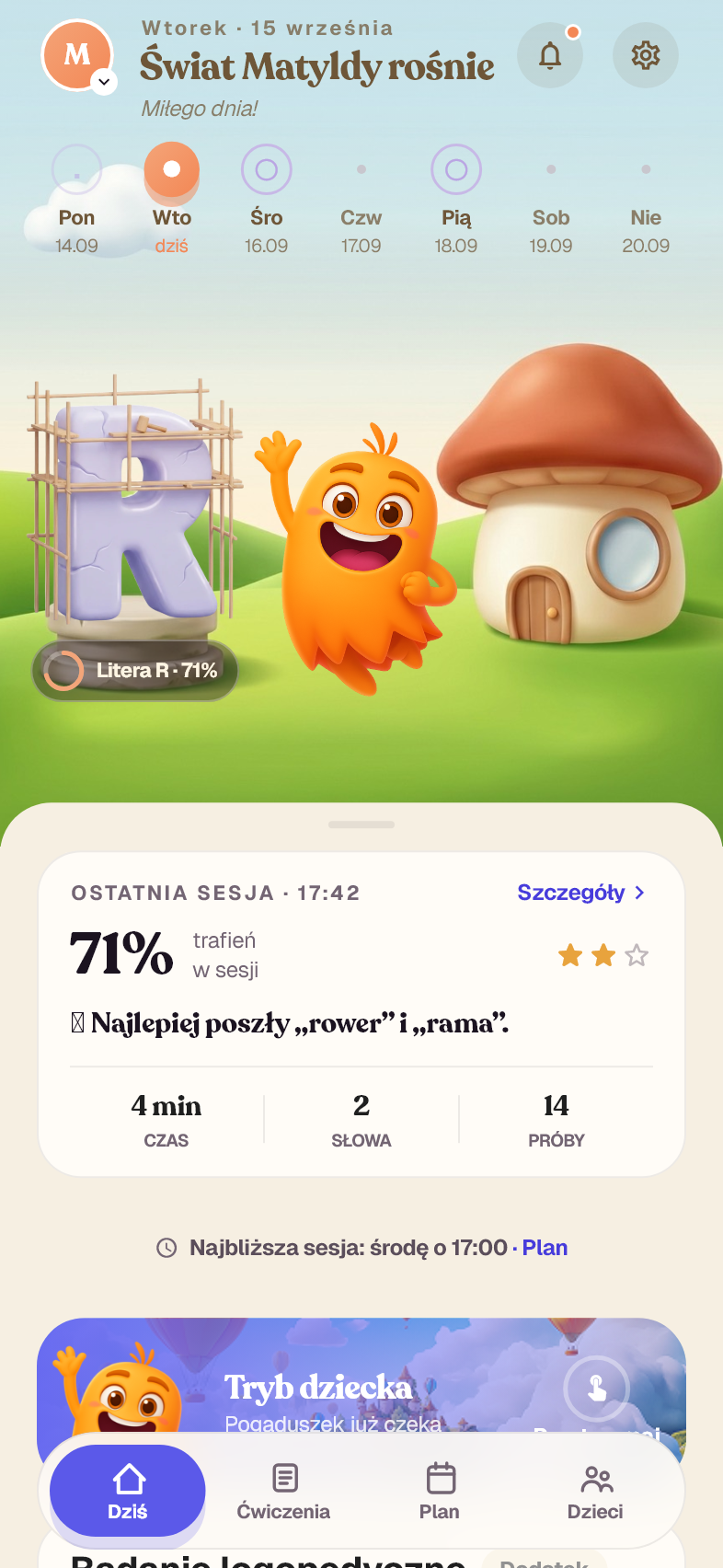 Prawdziwy dashboard Pogaduszek: świat Matyldy, ostatnia sesja i plan ćwiczeń (przykładowe dane)